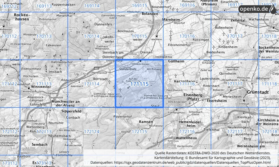 Übersichtskarte des KOSTRA-DWD-2020-Rasterfeldes Nr. 171115