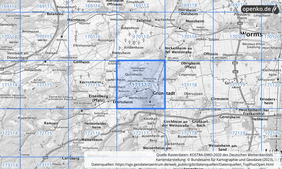Übersichtskarte des KOSTRA-DWD-2020-Rasterfeldes Nr. 171117