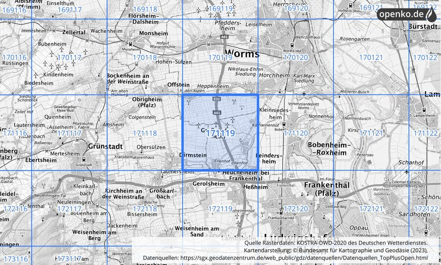 Übersichtskarte des KOSTRA-DWD-2020-Rasterfeldes Nr. 171119