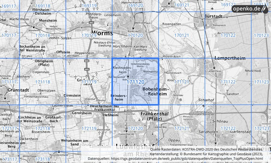 Übersichtskarte des KOSTRA-DWD-2020-Rasterfeldes Nr. 171120