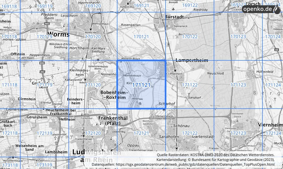 Übersichtskarte des KOSTRA-DWD-2020-Rasterfeldes Nr. 171121