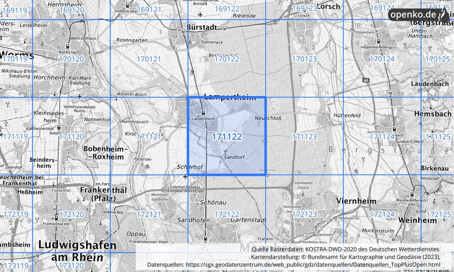 Übersichtskarte des KOSTRA-DWD-2020-Rasterfeldes Nr. 171122