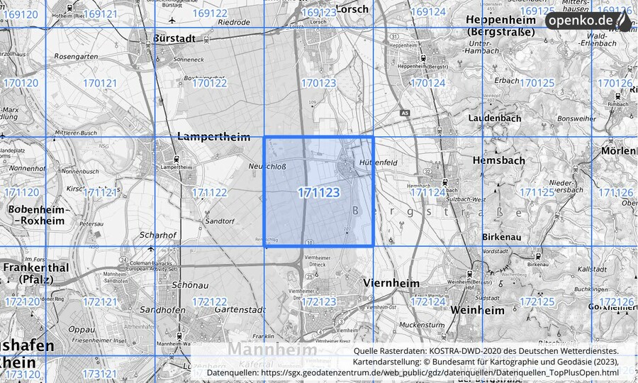 Übersichtskarte des KOSTRA-DWD-2020-Rasterfeldes Nr. 171123