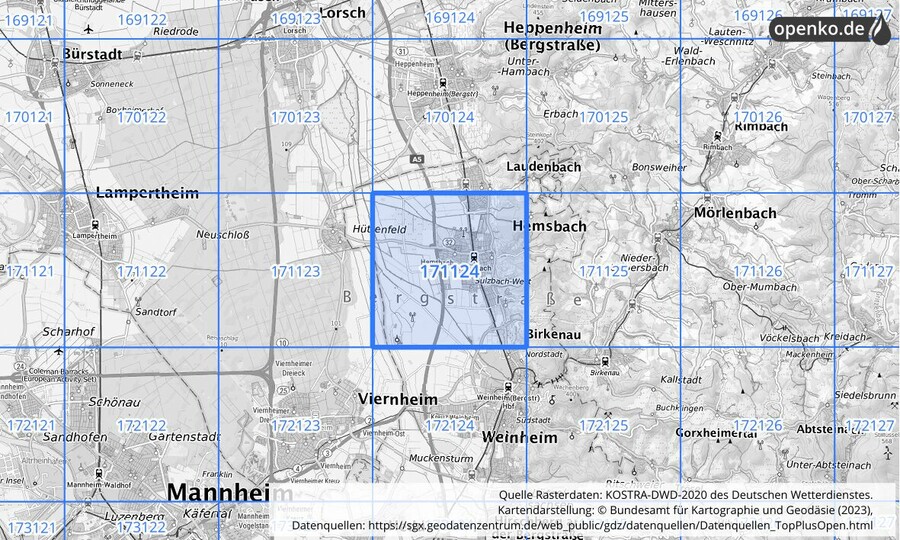 Übersichtskarte des KOSTRA-DWD-2020-Rasterfeldes Nr. 171124