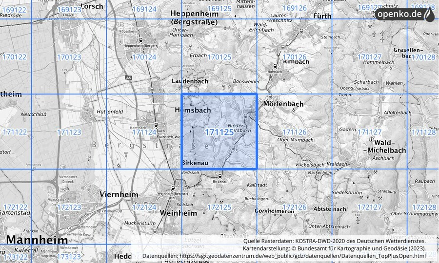 Übersichtskarte des KOSTRA-DWD-2020-Rasterfeldes Nr. 171125