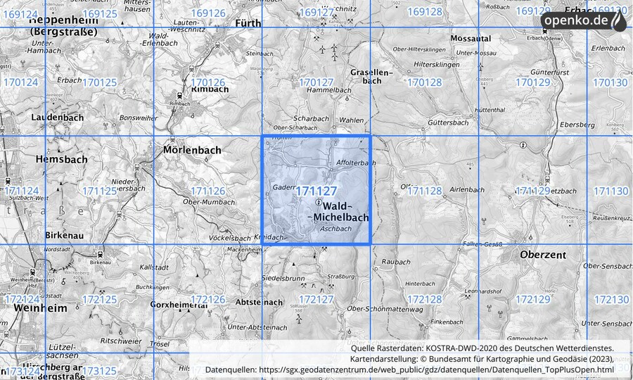 Übersichtskarte des KOSTRA-DWD-2020-Rasterfeldes Nr. 171127