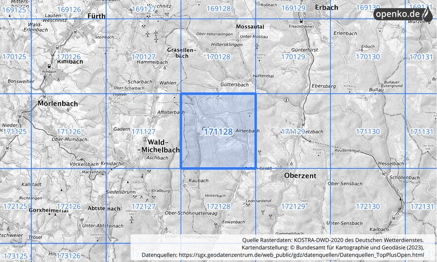 Übersichtskarte des KOSTRA-DWD-2020-Rasterfeldes Nr. 171128
