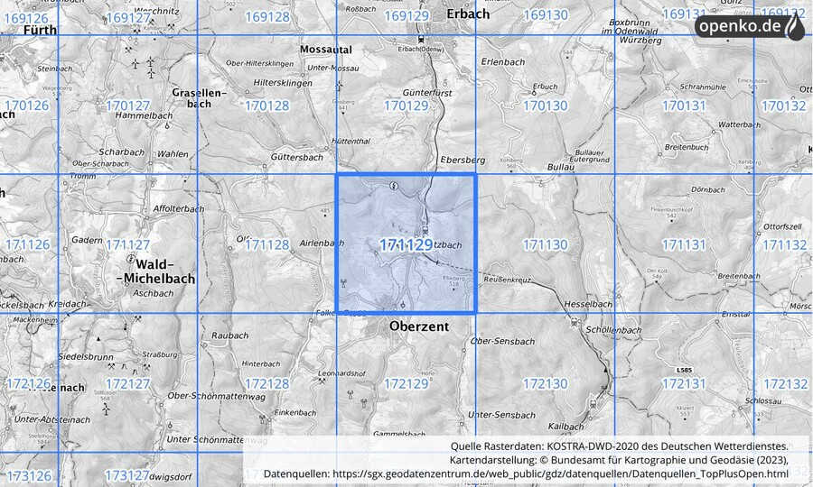 Übersichtskarte des KOSTRA-DWD-2020-Rasterfeldes Nr. 171129