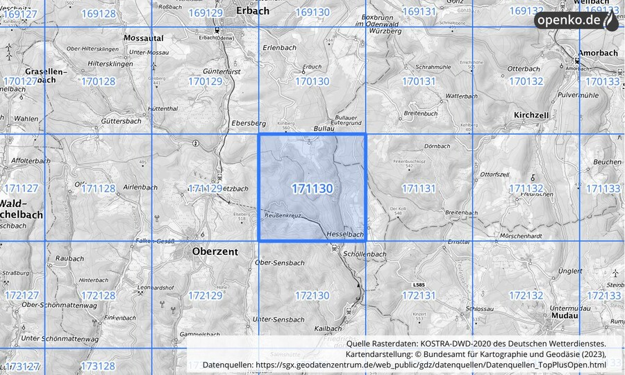 Übersichtskarte des KOSTRA-DWD-2020-Rasterfeldes Nr. 171130