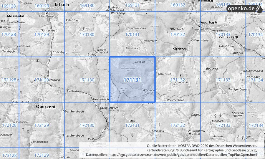 Übersichtskarte des KOSTRA-DWD-2020-Rasterfeldes Nr. 171131