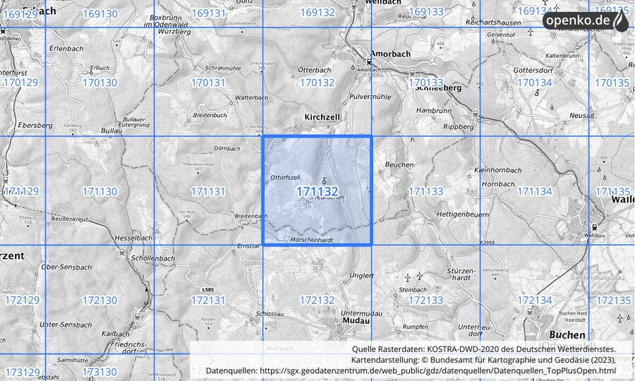 Übersichtskarte des KOSTRA-DWD-2020-Rasterfeldes Nr. 171132