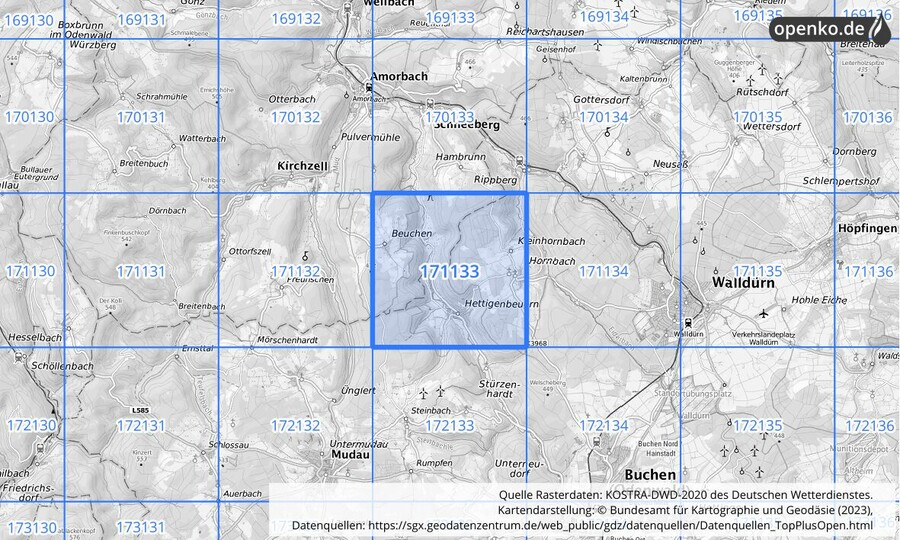 Übersichtskarte des KOSTRA-DWD-2020-Rasterfeldes Nr. 171133