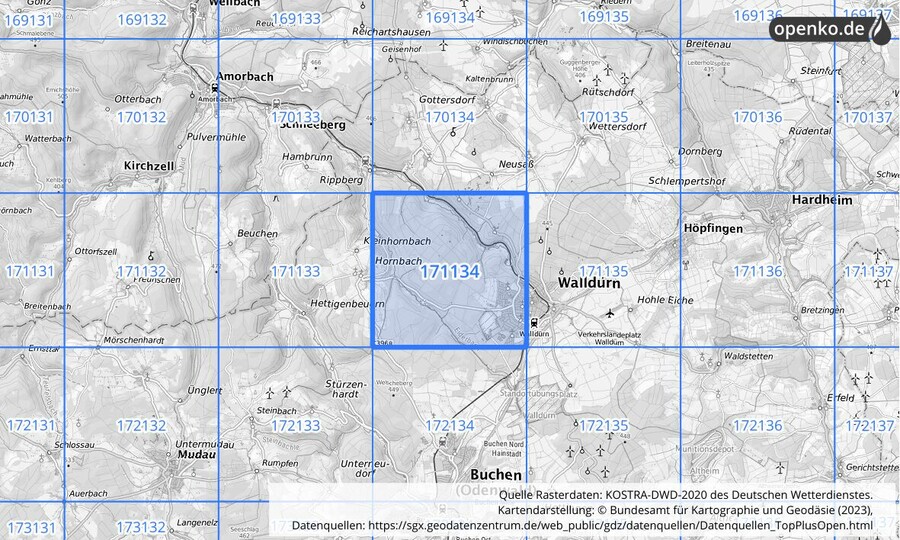 Übersichtskarte des KOSTRA-DWD-2020-Rasterfeldes Nr. 171134