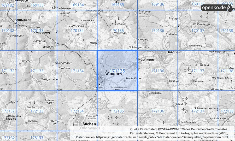 Übersichtskarte des KOSTRA-DWD-2020-Rasterfeldes Nr. 171135
