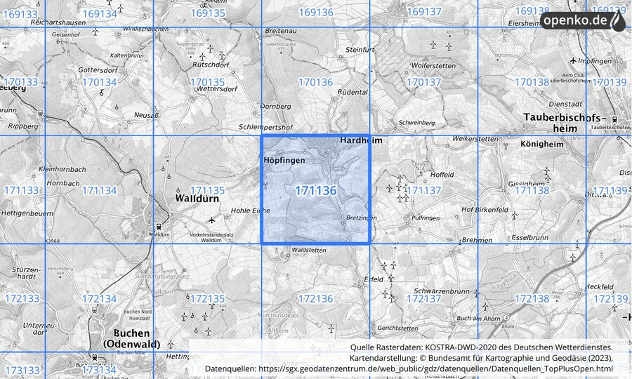 Übersichtskarte des KOSTRA-DWD-2020-Rasterfeldes Nr. 171136