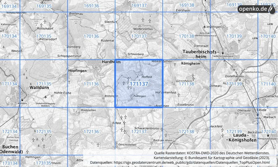 Übersichtskarte des KOSTRA-DWD-2020-Rasterfeldes Nr. 171137