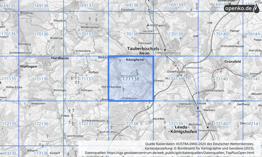 Übersichtskarte des KOSTRA-DWD-2020-Rasterfeldes Nr. 171138
