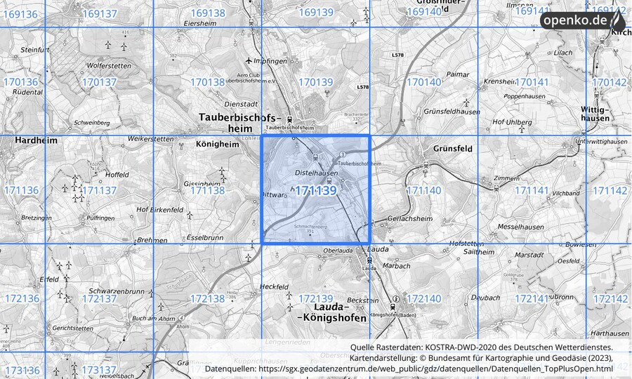 Übersichtskarte des KOSTRA-DWD-2020-Rasterfeldes Nr. 171139