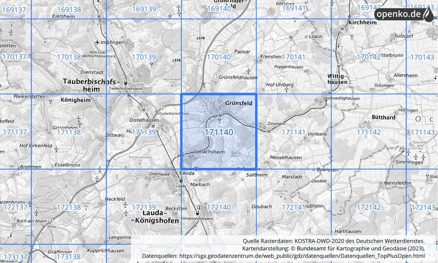 Übersichtskarte des KOSTRA-DWD-2020-Rasterfeldes Nr. 171140