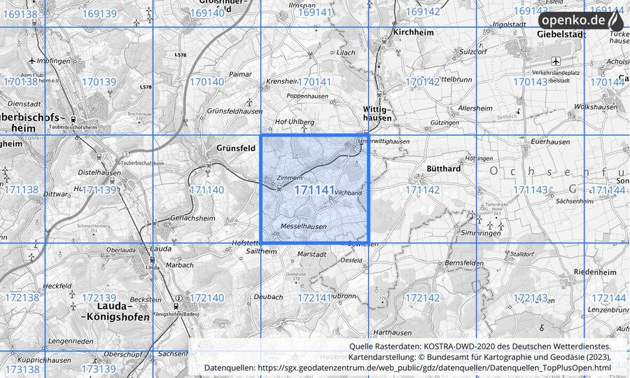 Übersichtskarte des KOSTRA-DWD-2020-Rasterfeldes Nr. 171141