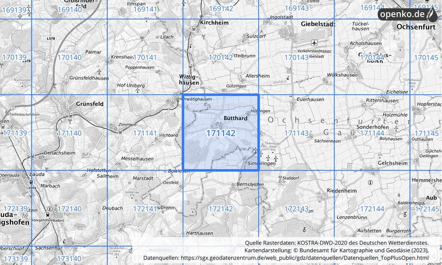 Übersichtskarte des KOSTRA-DWD-2020-Rasterfeldes Nr. 171142