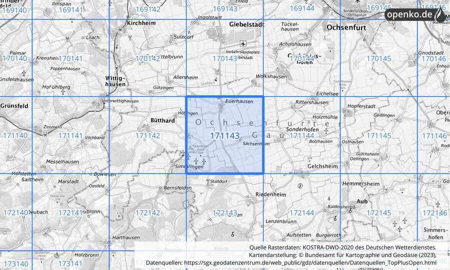 Übersichtskarte des KOSTRA-DWD-2020-Rasterfeldes Nr. 171143