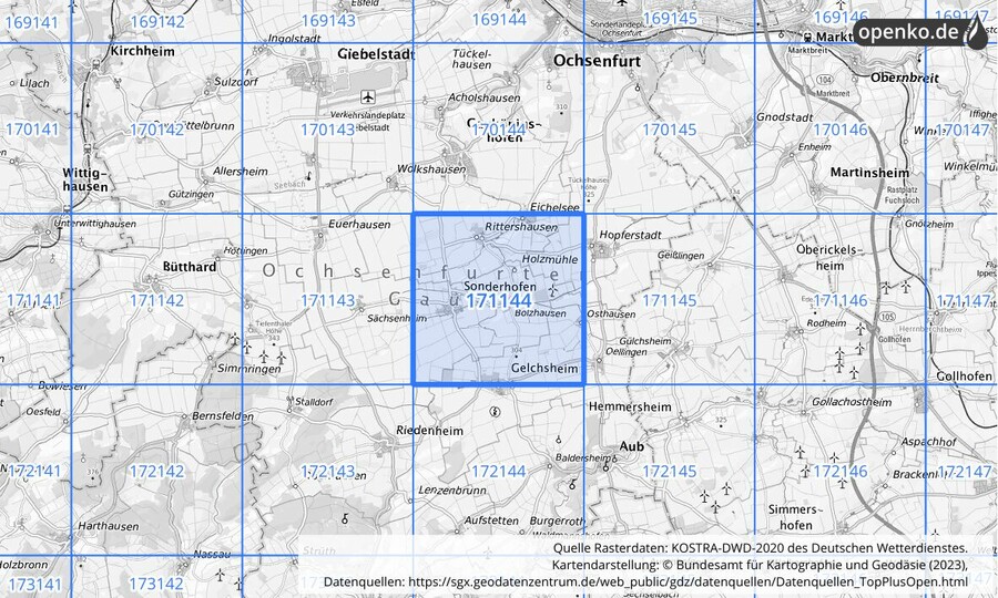 Übersichtskarte des KOSTRA-DWD-2020-Rasterfeldes Nr. 171144