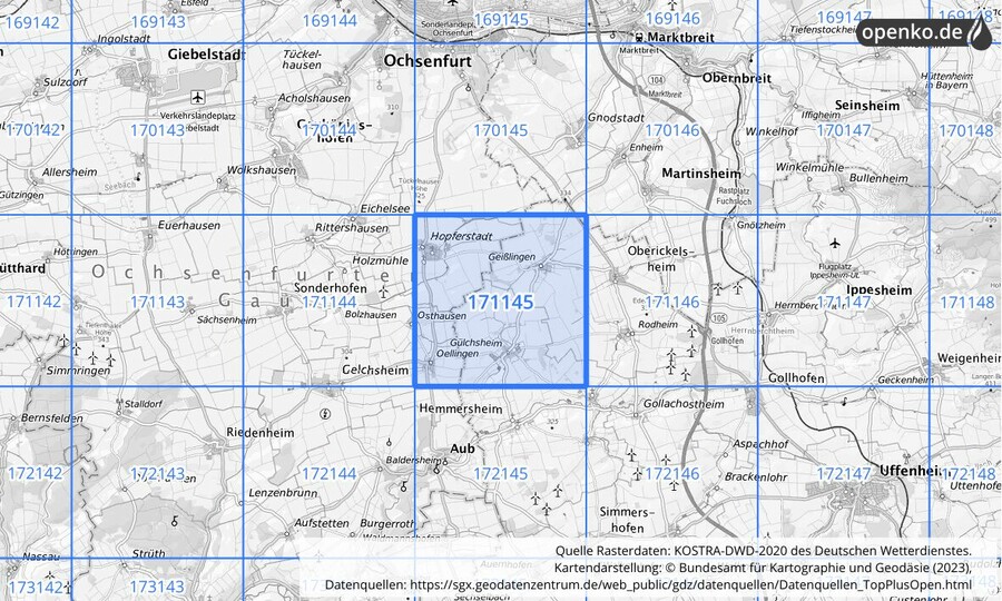 Übersichtskarte des KOSTRA-DWD-2020-Rasterfeldes Nr. 171145