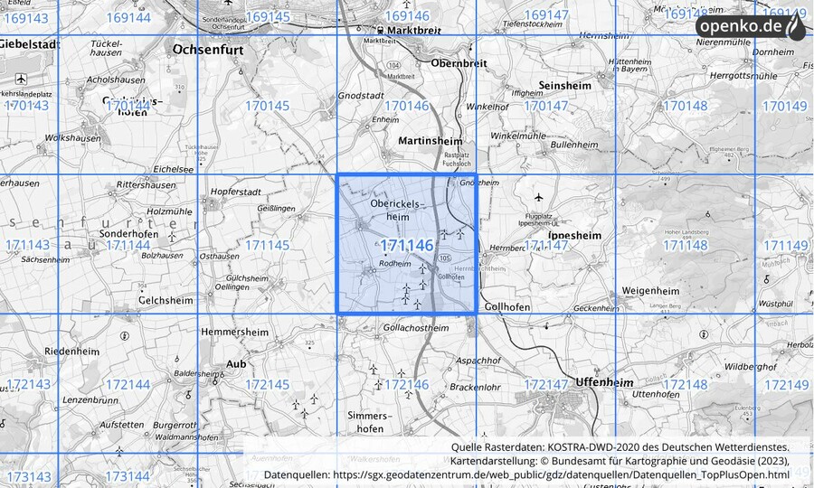 Übersichtskarte des KOSTRA-DWD-2020-Rasterfeldes Nr. 171146
