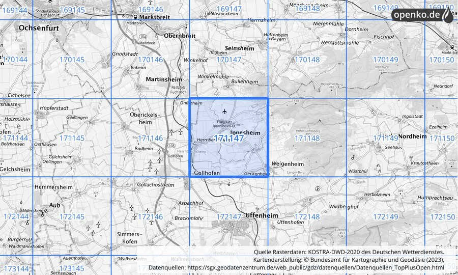 Übersichtskarte des KOSTRA-DWD-2020-Rasterfeldes Nr. 171147