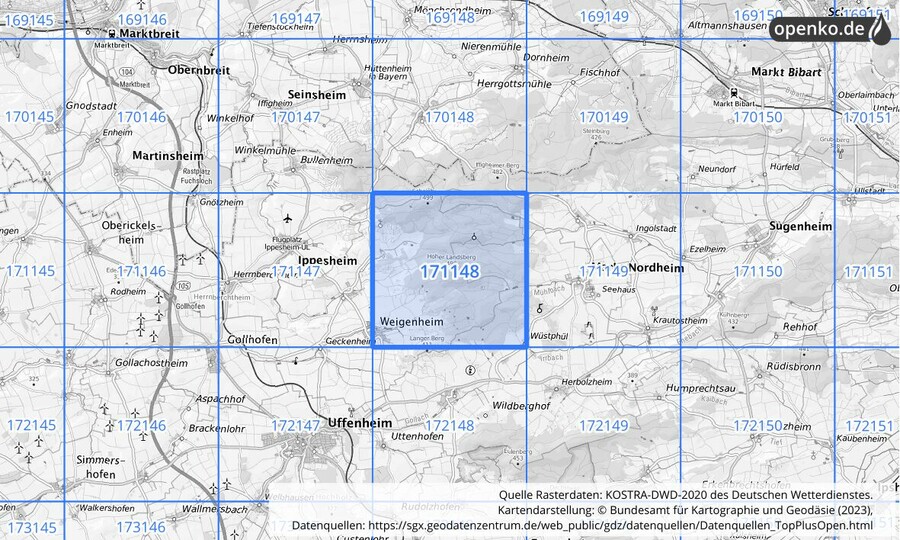 Übersichtskarte des KOSTRA-DWD-2020-Rasterfeldes Nr. 171148