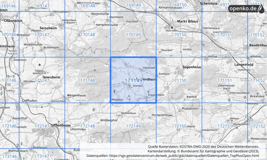 Übersichtskarte des KOSTRA-DWD-2020-Rasterfeldes Nr. 171149