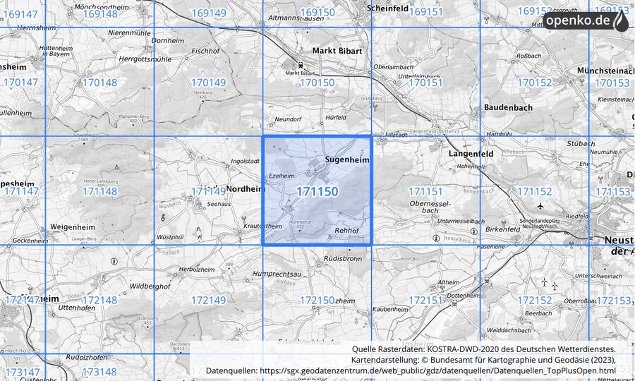Übersichtskarte des KOSTRA-DWD-2020-Rasterfeldes Nr. 171150
