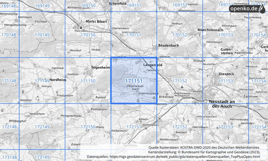 Übersichtskarte des KOSTRA-DWD-2020-Rasterfeldes Nr. 171151