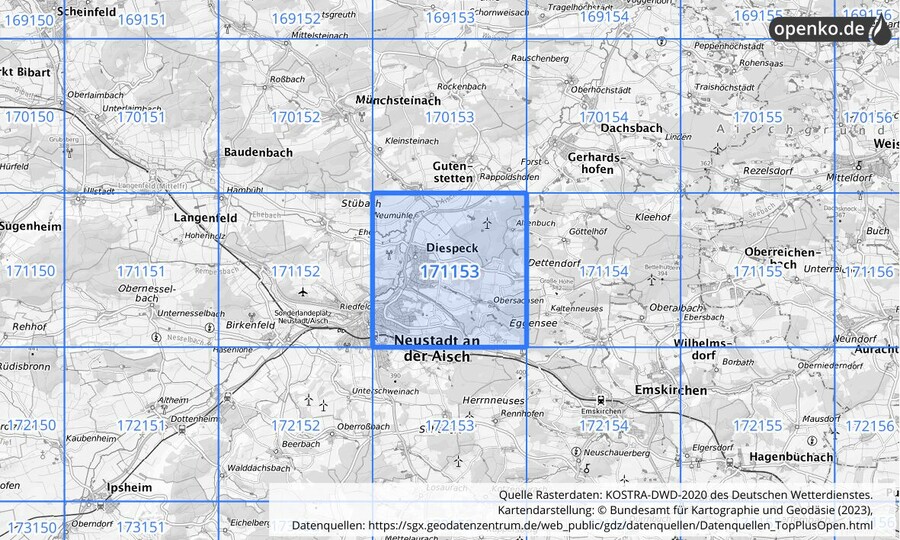 Übersichtskarte des KOSTRA-DWD-2020-Rasterfeldes Nr. 171153
