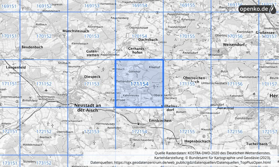 Übersichtskarte des KOSTRA-DWD-2020-Rasterfeldes Nr. 171154