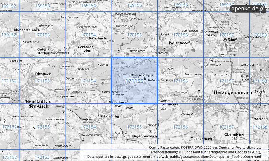 Übersichtskarte des KOSTRA-DWD-2020-Rasterfeldes Nr. 171155