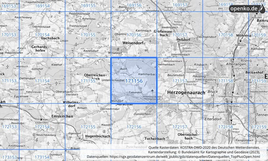Übersichtskarte des KOSTRA-DWD-2020-Rasterfeldes Nr. 171156