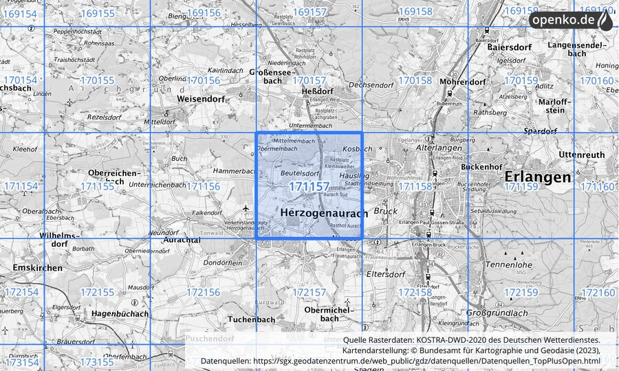 Übersichtskarte des KOSTRA-DWD-2020-Rasterfeldes Nr. 171157