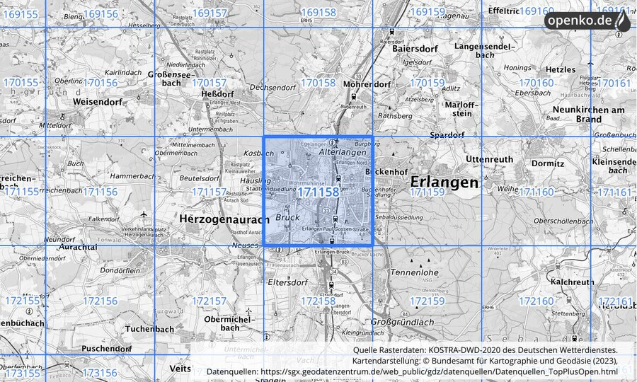 Übersichtskarte des KOSTRA-DWD-2020-Rasterfeldes Nr. 171158