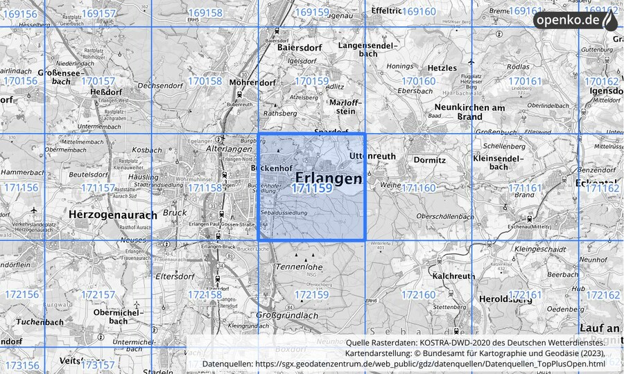 Übersichtskarte des KOSTRA-DWD-2020-Rasterfeldes Nr. 171159