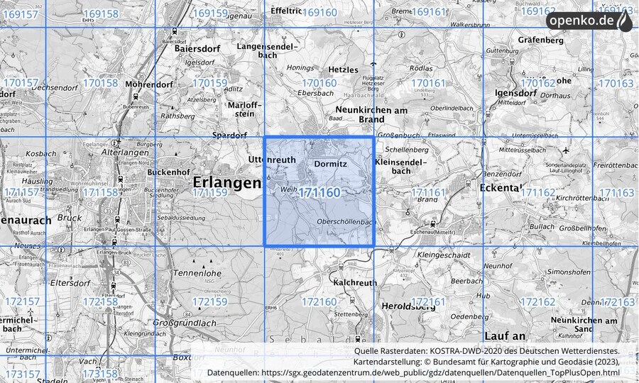 Übersichtskarte des KOSTRA-DWD-2020-Rasterfeldes Nr. 171160