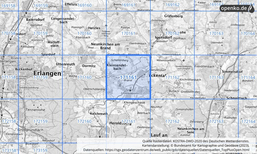 Übersichtskarte des KOSTRA-DWD-2020-Rasterfeldes Nr. 171161