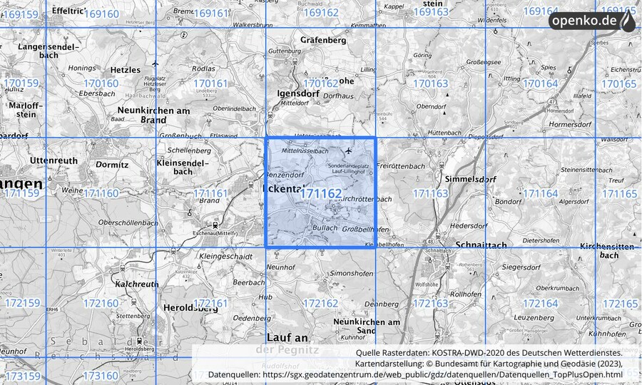 Übersichtskarte des KOSTRA-DWD-2020-Rasterfeldes Nr. 171162