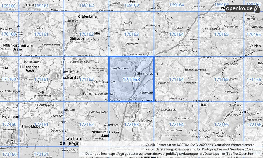 Übersichtskarte des KOSTRA-DWD-2020-Rasterfeldes Nr. 171163