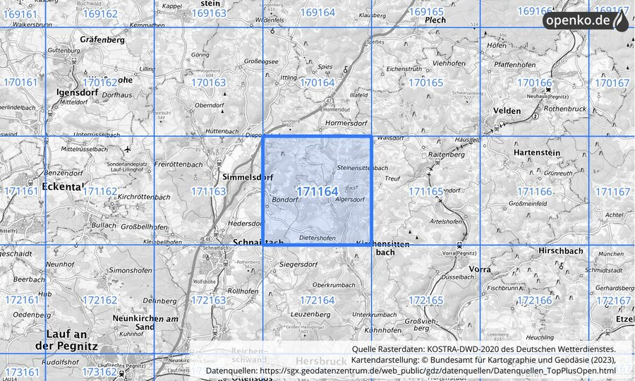 Übersichtskarte des KOSTRA-DWD-2020-Rasterfeldes Nr. 171164