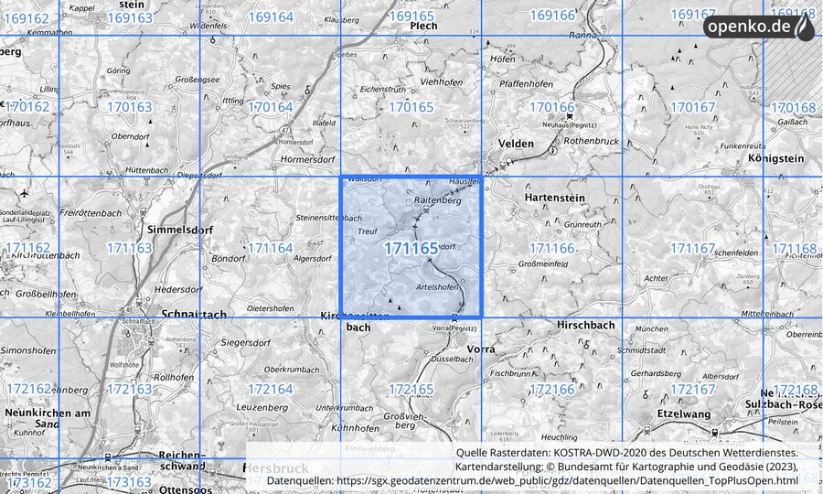 Übersichtskarte des KOSTRA-DWD-2020-Rasterfeldes Nr. 171165