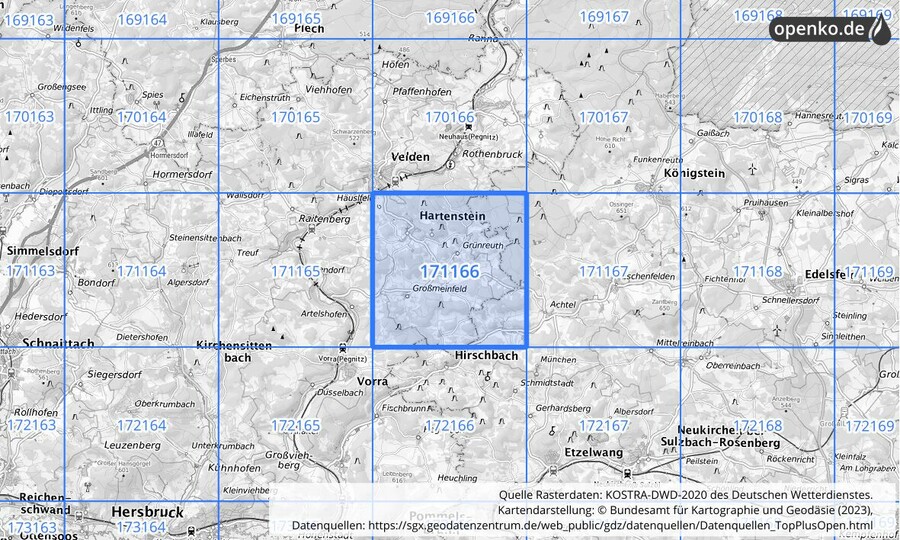 Übersichtskarte des KOSTRA-DWD-2020-Rasterfeldes Nr. 171166