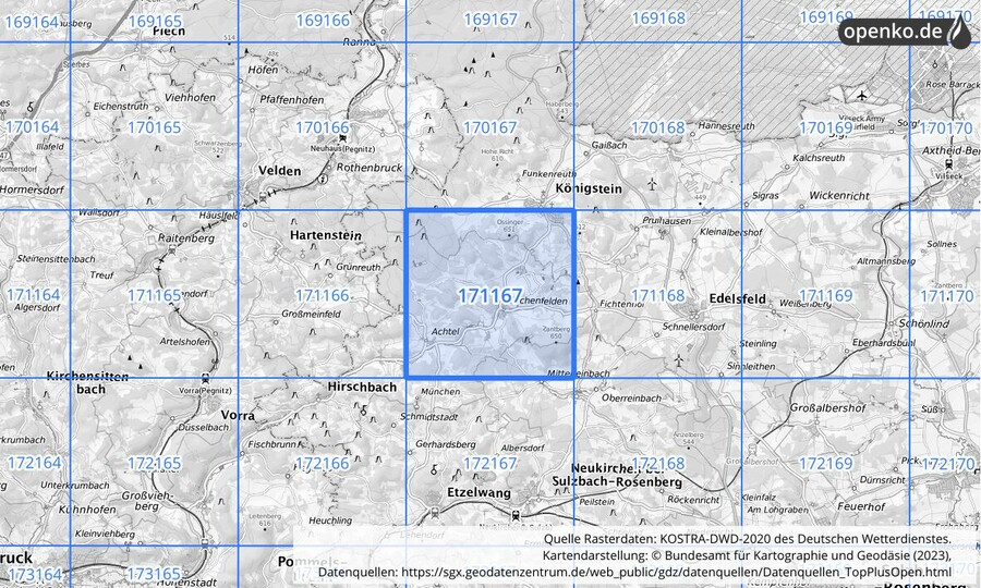 Übersichtskarte des KOSTRA-DWD-2020-Rasterfeldes Nr. 171167