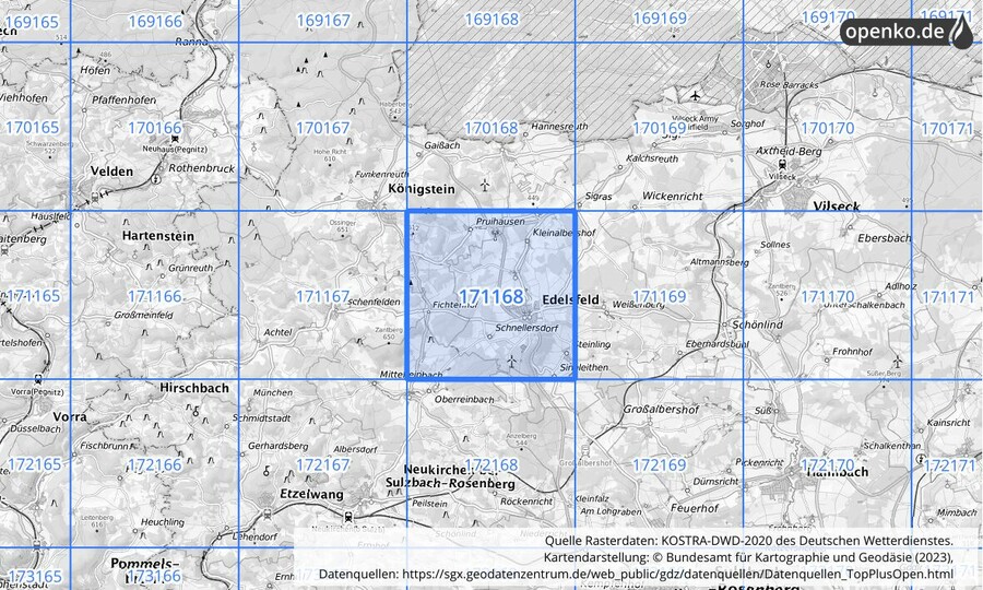 Übersichtskarte des KOSTRA-DWD-2020-Rasterfeldes Nr. 171168